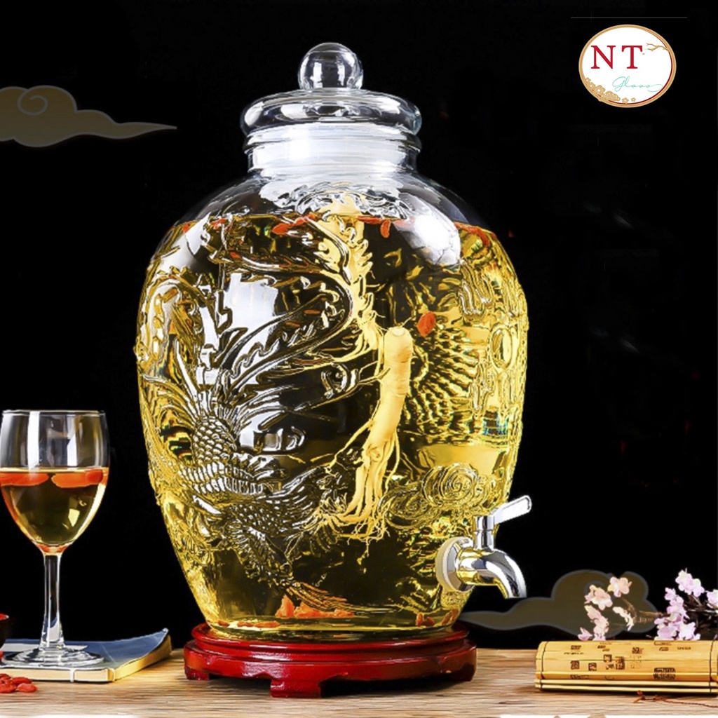 Bình ngâm rượu thuỷ tinh chum rồng phụng 15 Lít (Có vòi & Không vòi)