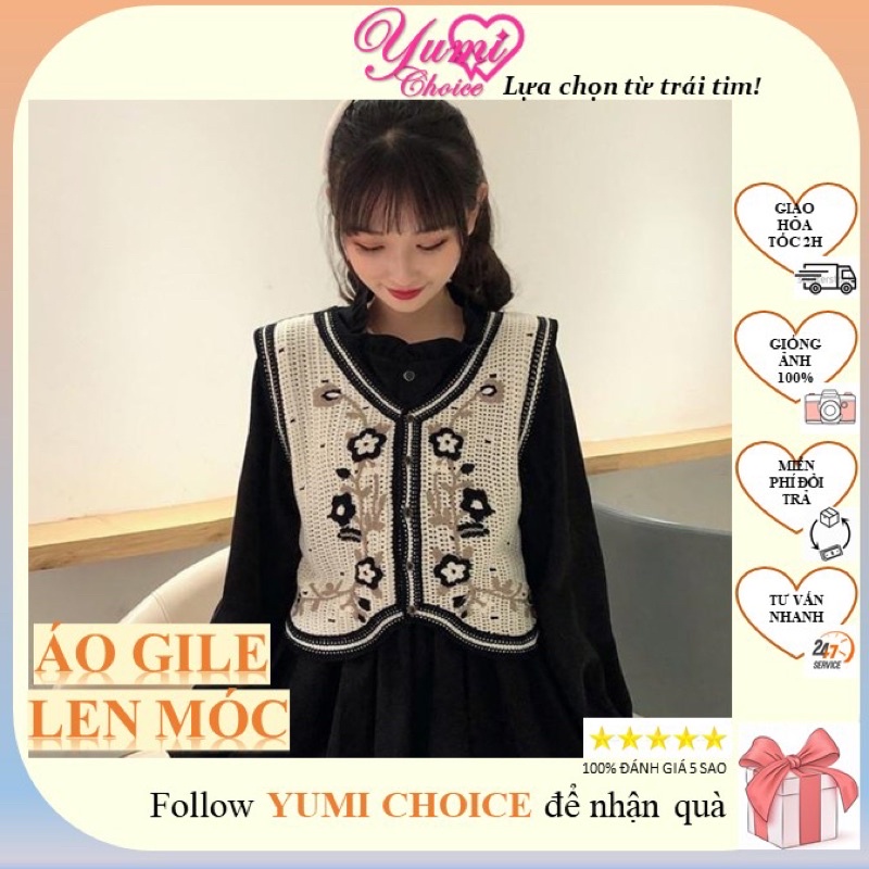 Áo gile nữ đẹp len móc vintage /YUMICHOICE/ Áo gile dệt kim dài đẹp hàng thiết kế form chuẩn - Mẫu áo gile hoa thêu nâu