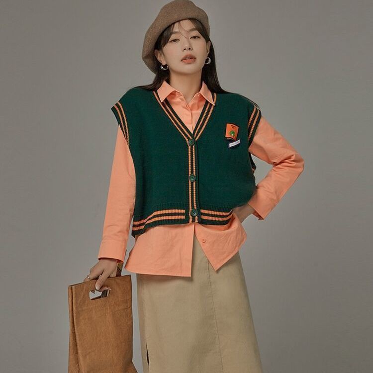 Áo Khoác Len Cardigan Không Tay Dáng Rộng Màu Sắc Tương Phản Phong Cách Retro Cho Nữ