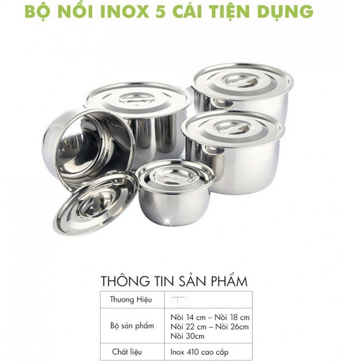 Bộ 5 Nồi Misho Chất Liệu INOX 304 Cao Cấp Dùng Cho Mọi Loại Bếp Ga, Bếp Từ, Bếp Hồng Ngoại