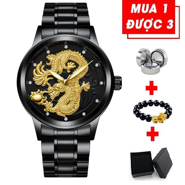 Đồng hồ nam RR dây thép không ghỉ mặt hình rồng vàng chống nước tốt - full đen