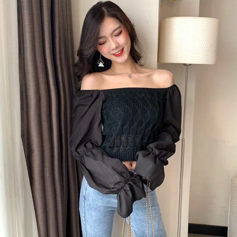 Áo Croptop dệt kim tay loe thiết kế trễ vai quyến rũ