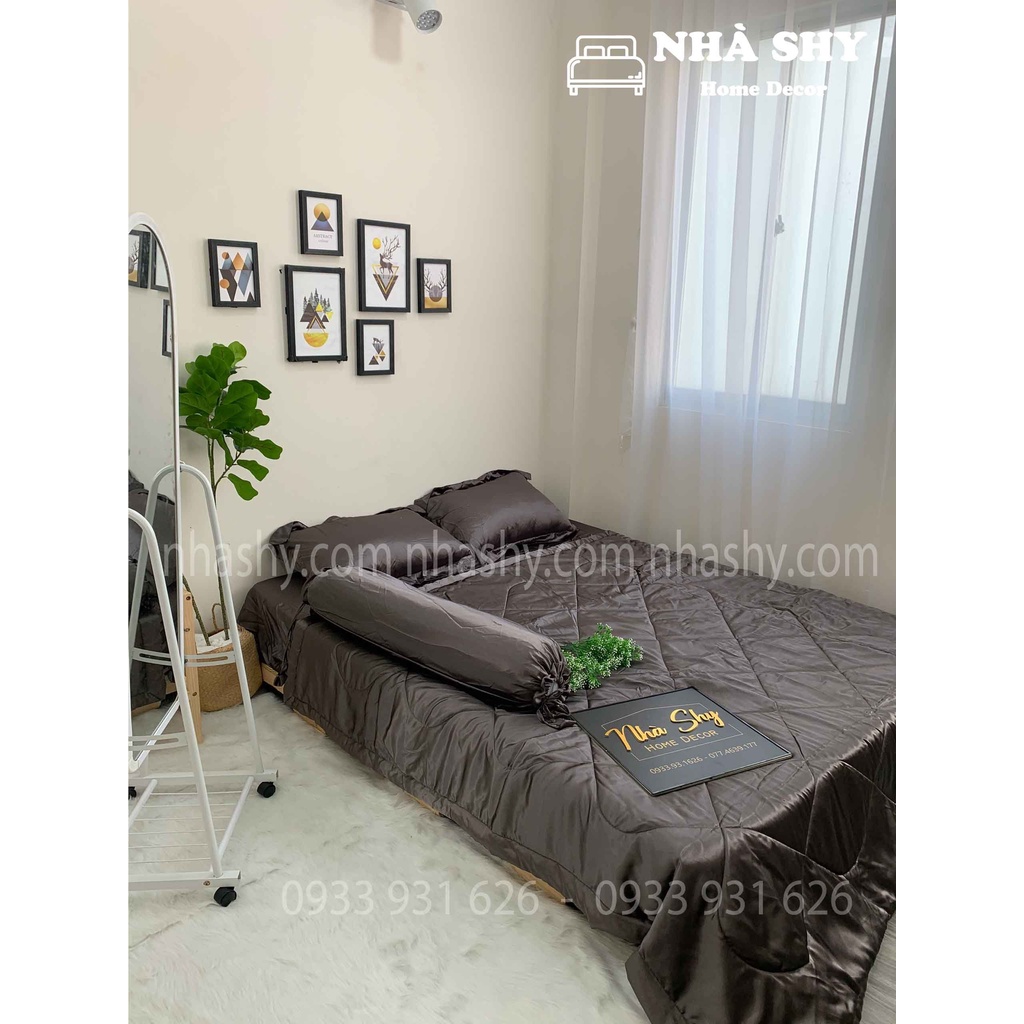 TRỌN BỘ DRAP GIƯỜNG PHI LỤA BÓNG CAO CẤP - MÀU XÁM ĐẬM - MÃ 11