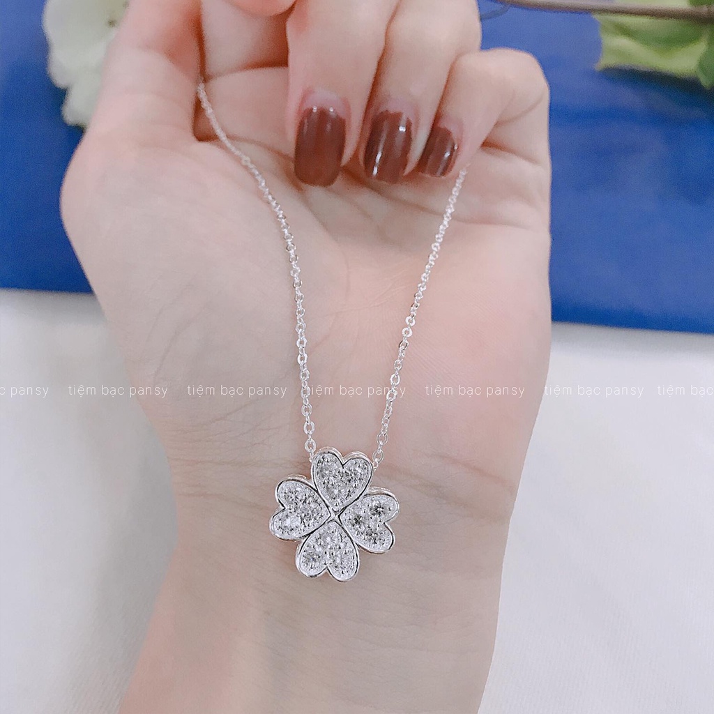 Dây chuyền bạc nữ PANSY mặt cỏ 4 lá đính đá, vòng cổ nữ cỏ may mắn bằng bạc thật