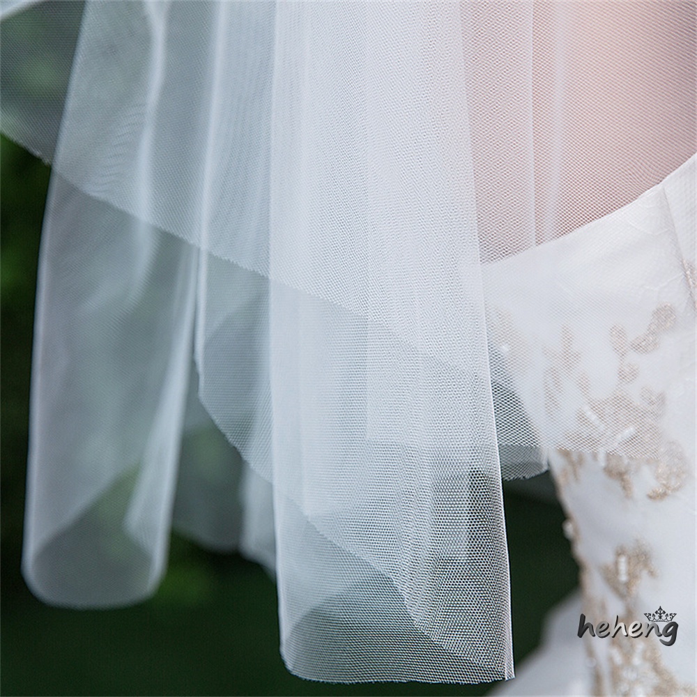 Mạng Che Mặt Cô Dâu 2 Tầng Ngắn Vải Tuyn Viền Kim Loại Kèm Lược Kim Loại Dành Cho Cô Dâu