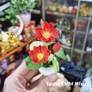 Chậu hoa sen đỏ bằng đất sét Nhật y hình