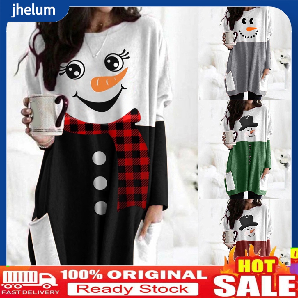 Đầm Giáng Sinh Dáng Rộng Cổ Tròn In Họa Tiết Người Tuyết Xinh Xắn Cho Nữ