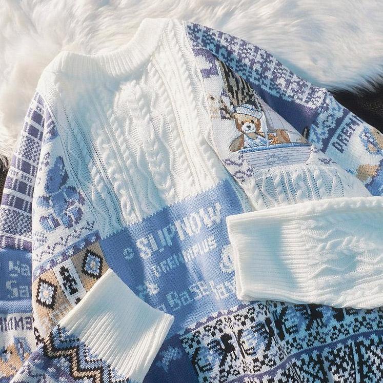 Áo Sweater Dệt Kim Dáng Rộng Thêu Hình Gấu Phong Cách Âu Mỹ Thời Trang Mùa Đông Cho Nam Và Nữ