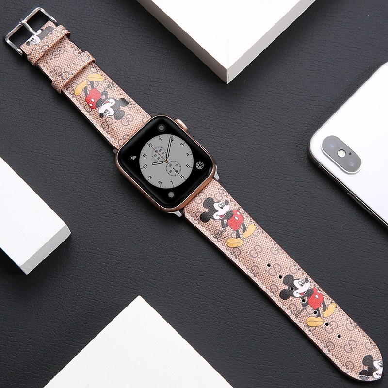 Dây da họa tiết chuột mickey thích hợp cho đồng hồ apple 44mm 42mm 38mm 40mm t500 iwatch series 6 se 2 3 4 5