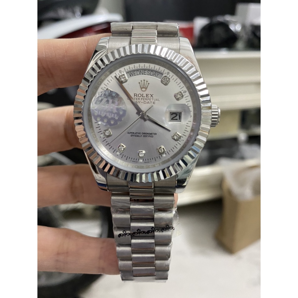 Đồng hồ Nam Rolex máy nhật dòng cơ Automatic size 41mm số đá day date vỏ trắng mặt trắng dây kim loại