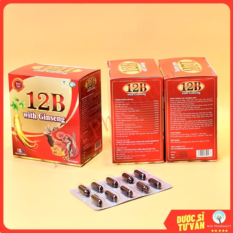 Viên uống Vitamin 12B GINSENG USA Pharma Tăng sức đề kháng, bồi bổ cơ thể Hộp 100 viên - Minpharmacy
