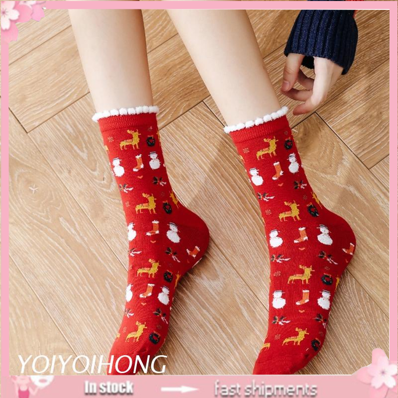 Vớ dệt kim giữ ấm viền phối lông họa tiết theo chủ đề giáng sinh dễ thương cho nữ