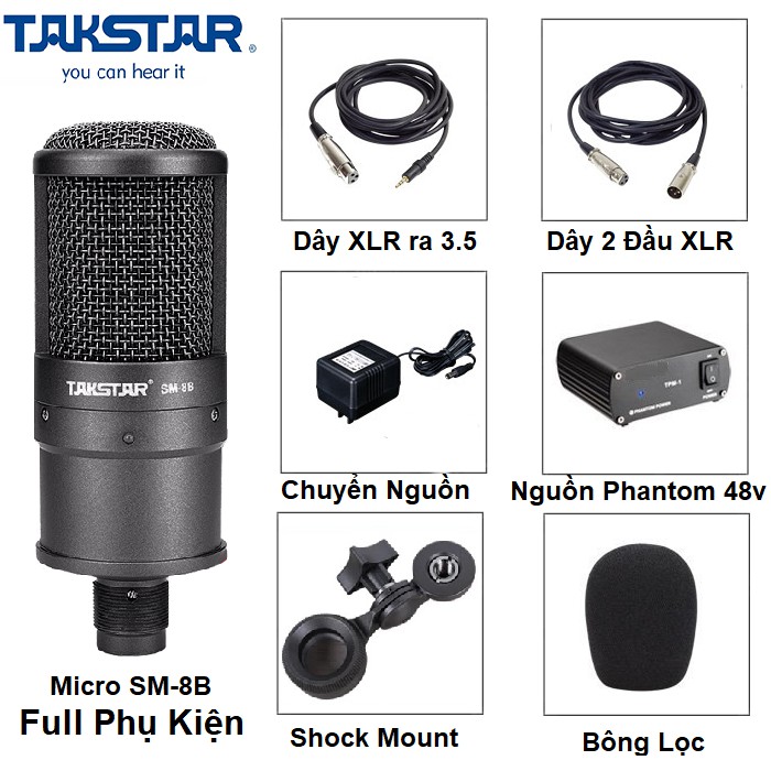 Micro Thu Âm Takstar SM-8B Cao Cấp Chính Hãng, Tặng Nguồn 48V Đầy Đủ Phụ Kiện Dây Giắc Theo Kèm