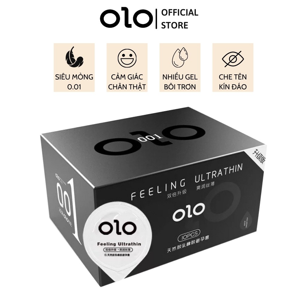 Bao cao su OZO 0.01 Đen Feeling Ultrathin siêu mỏng, hương vani, nhiều gel bôi trơn - Hộp 10 bcs - olo store