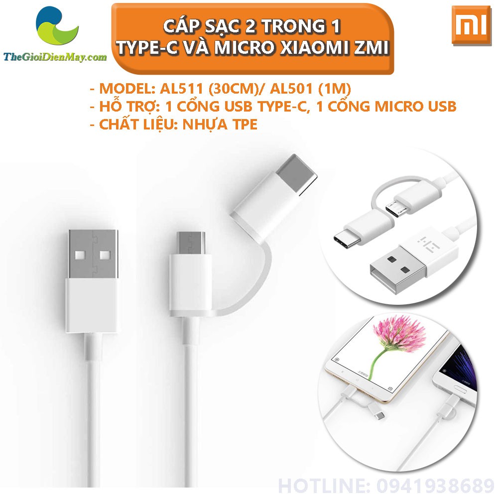 Cáp sạc 2 trong 1 Type-C và Micro Xiaomi ZMI AL511 (30cm)/ AL501 (1M) - Shop Thế Giới ĐIện Máy