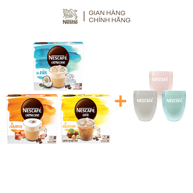 Combo 3 hộp Nescafé bao bì mới: Cappuccino dừa + Cappuccino caramel + Latte hạt phỉ