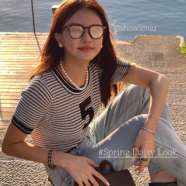 SUXI Áo Thun Ngắn Tay Cổ Tròn Dáng Rộng Họa Tiết Kẻ Sọc Đơn Giản Thời Trang Mùa Hè Cho Nữ