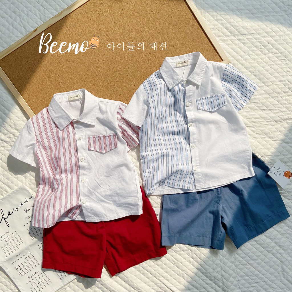 Set sơmi phối kẻ cho bé trai Beemo - Chất liệu thô lụa phối linen thoáng mát, quần kaki mềm bé thoải mái vận động B063