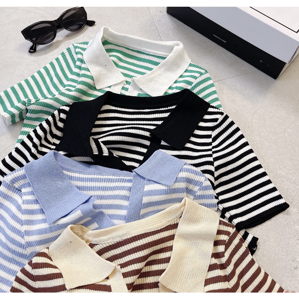 Áo Len Kẻ Tay Ngắn Cổ Bẻ Kẻ Sọc Ngang 4 Màu Siêu Xinh Phong Cách Hàn Quốc Cho Nữ Freesize 40-60kg | BigBuy360 - bigbuy360.vn