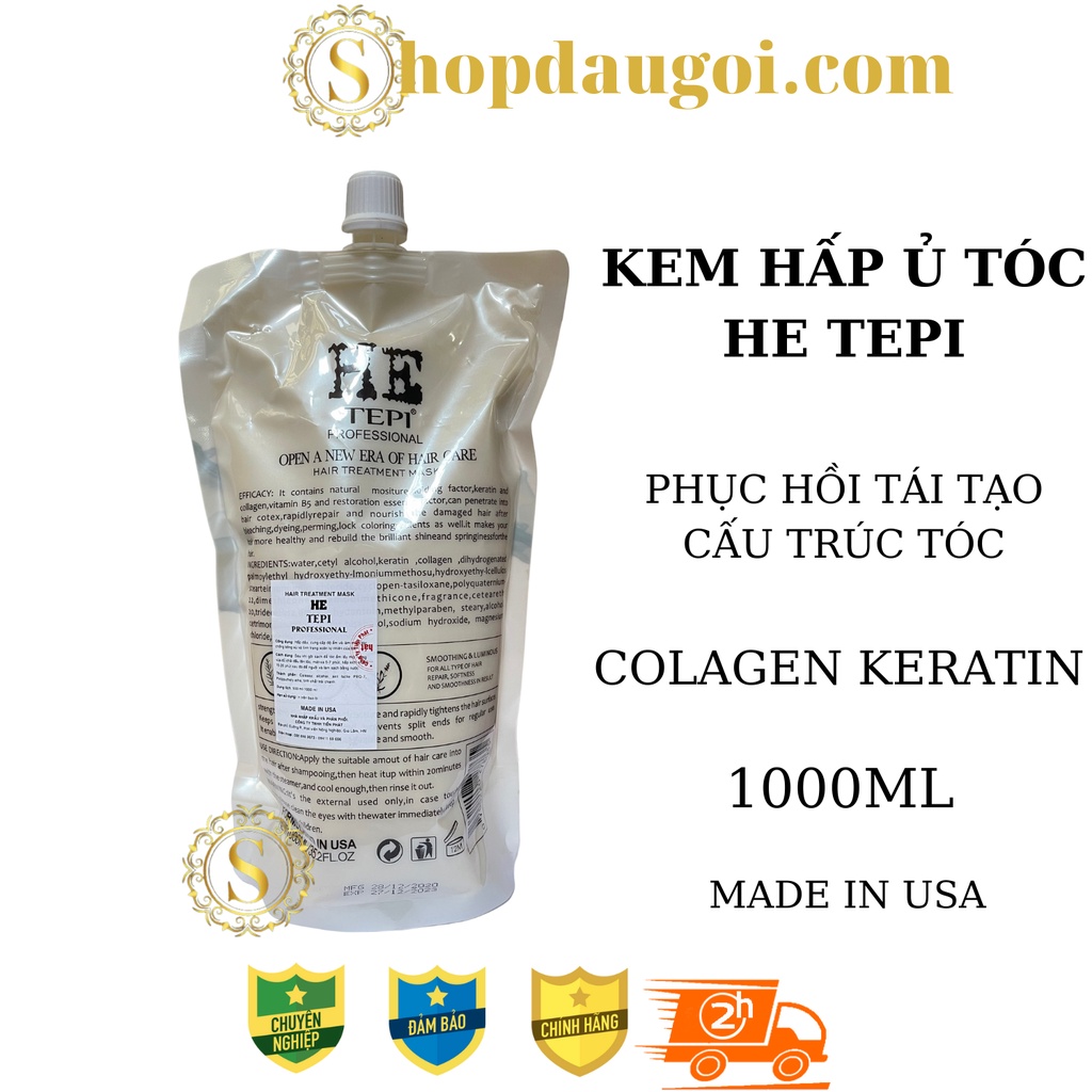 KEM ủ tóc hấp tóc colagen keratin phục hồi tóc chống gãy rụng siêu mềm mượt HE TEPI 1000ML