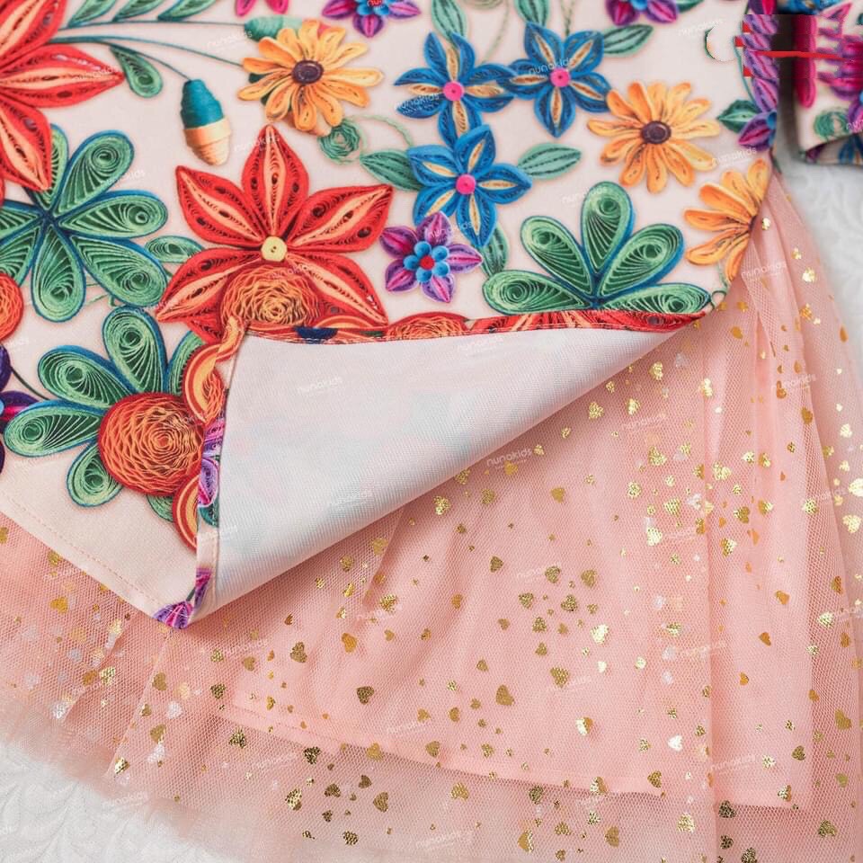 Áo dài cách tân cho bé gái kèm tuban hoa xuân Size 8-30kg XHN816