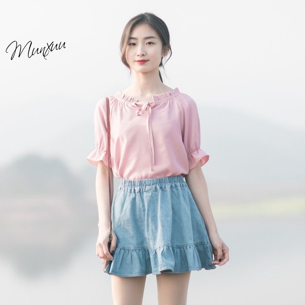 Áo sơ mi kiểu nữ Munxuu, thiết kế cổ áo thắt đây bánh bèo tiểu thư điệu đà - SP10