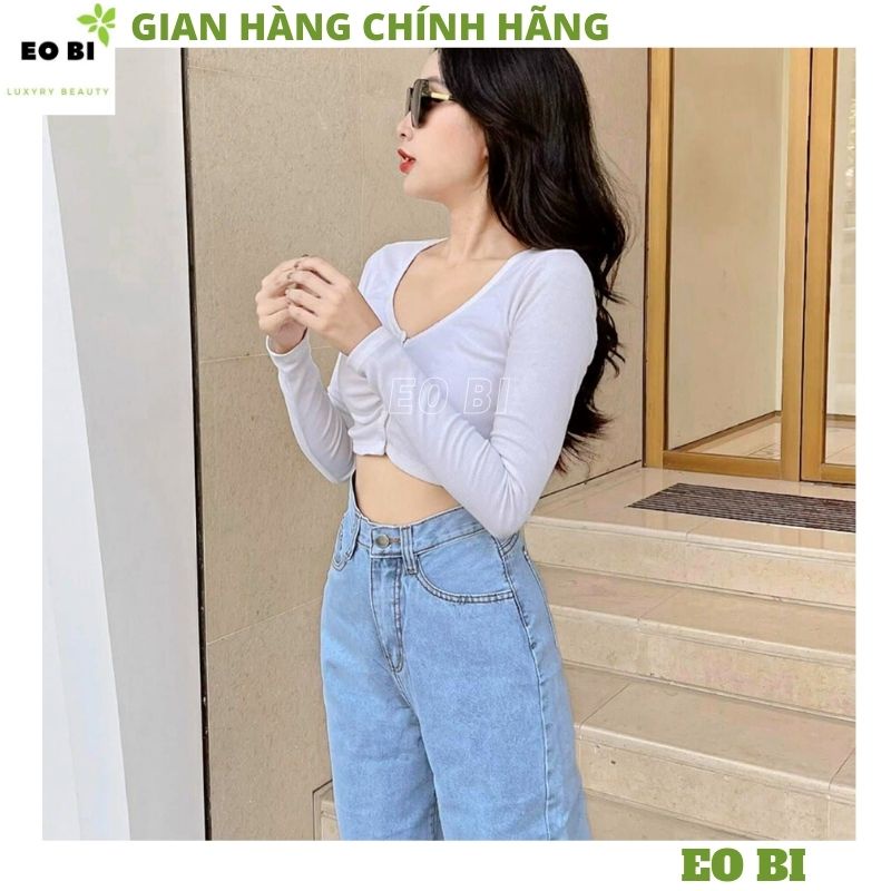 Quần jeasn nữ ống rộng lưng cao kiểu dáng hàn quốc trơn -EOBI