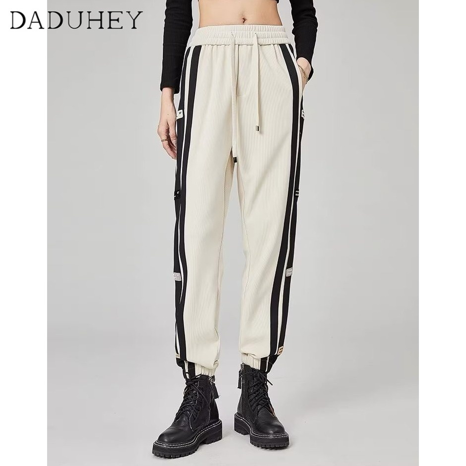 Quần nỉ thể thao bo ống dáng rộng phối dây rút phối kẻ sọc bên hông thời trang thường ngày mùa thu size lớn cho nam