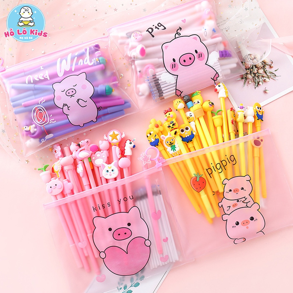 Set 20 bút bi cute mực nước mực xanh nhiều màu kèm túi Zip Hồ Lô Kids