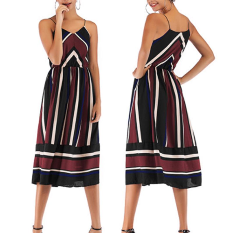 Xiangbao Đầm Midi Dài Không Tay Kẻ Sọc Màu Tương Phản Cổ Điển Mùa Hè Cho Nữ