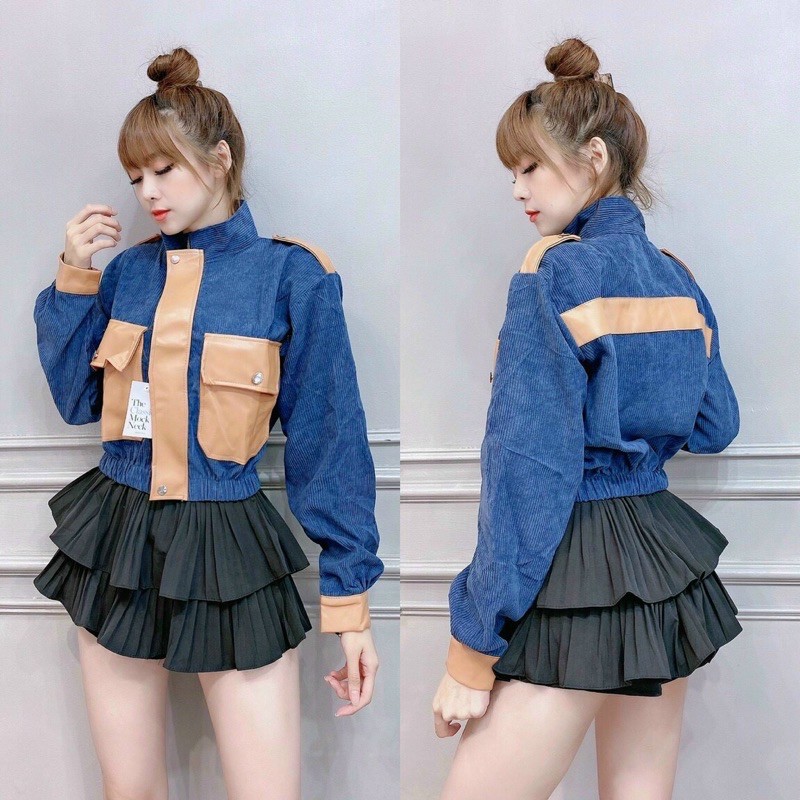 Áo khoác nhung nữ bomber form lửng phối túi da xinh xắn | BigBuy360 - bigbuy360.vn