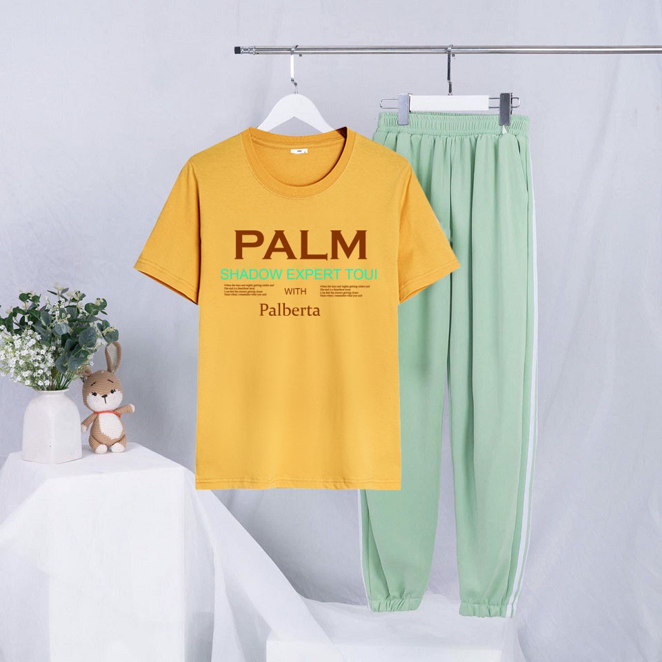 Sét Bộ Đồ Ulzzang Nữ - Áo Cotton Màu Vàng Mix Quần Dài Sọc Bo Gấu Mặc Đi Chơi Dạo Phố Giá Rẻ In Chữ PALM