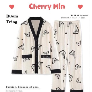 Bộ đồ ngủ cotton nữ dài tay cardigan phong cách Hàn Quốc, bộ đồ thu đông mặc ở nhà CHERRY MIN
