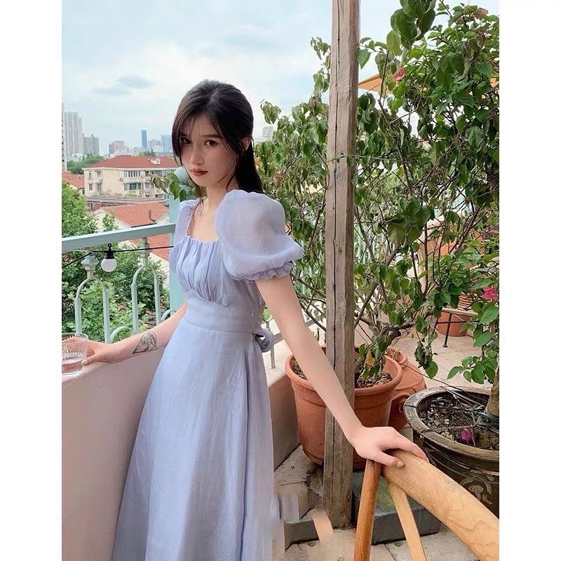 ĐẦM MIDI VOAN XANH CỘT NƠ KHOÉT LƯNG VA