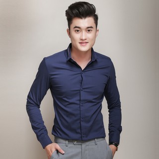 Áo sơ mi nam dài tay vải lụa trơn màu xanh đậm
