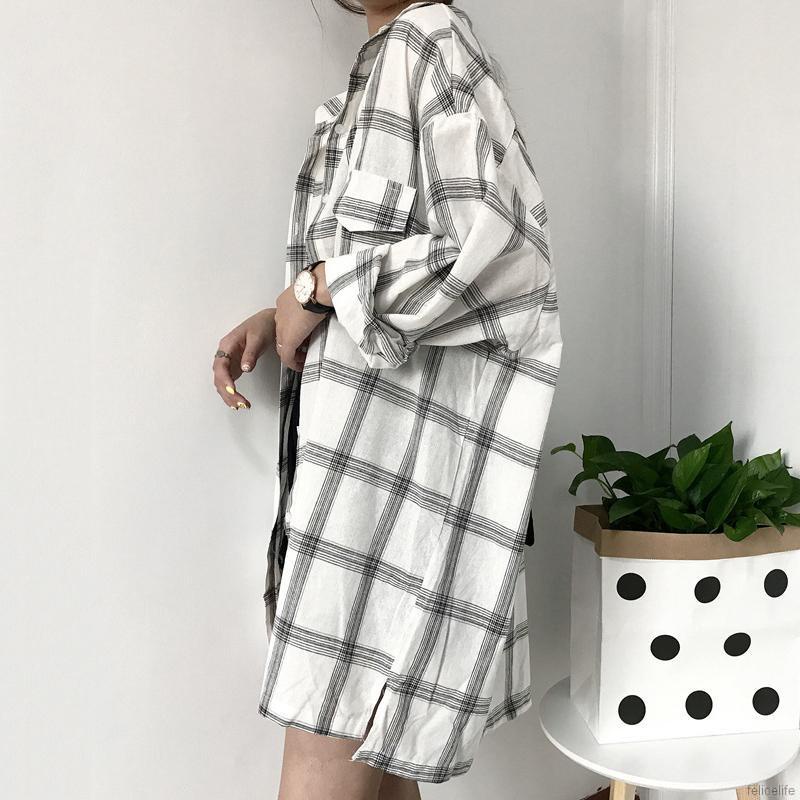 Áo Sơ Mi Nữ Tay Dài Dáng Rộng Có Túi Họa Tiết Caro