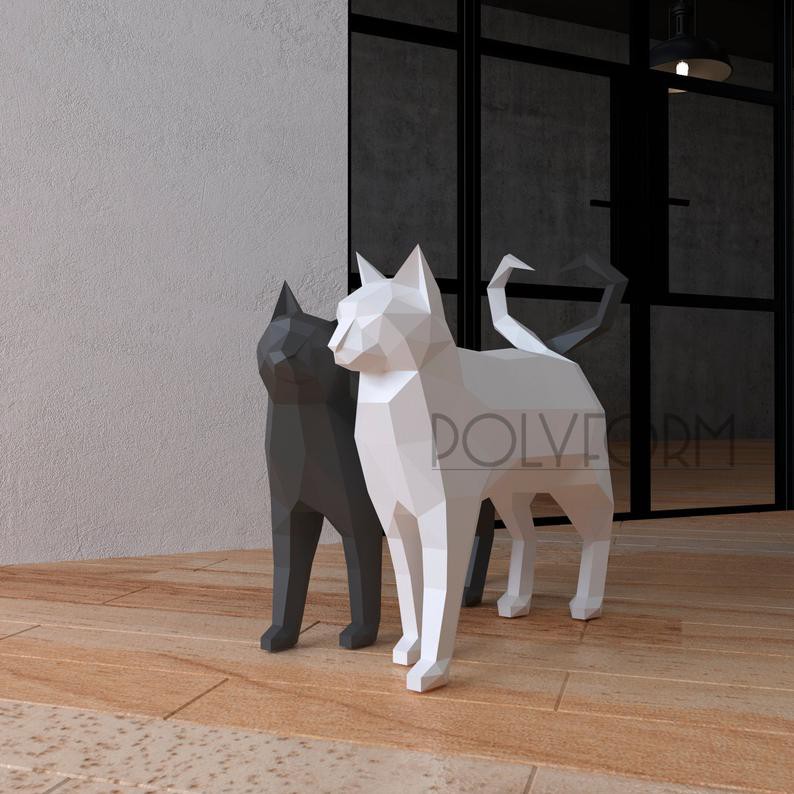 Bộ kit Mô hình giấy 3D mèo đôi đen trắng, mẫu tập vẽ hình họa, trang trí nhà cửa, shop thời trang