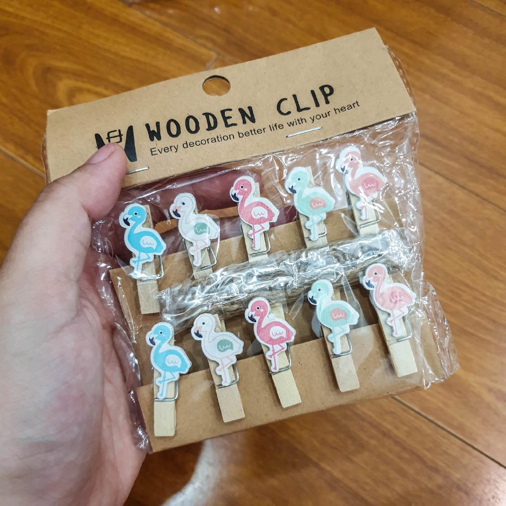 Bộ 10 kẹp gỗ hình HỒNG HẠC đủ màu siêu cute (tặng dây thừng)