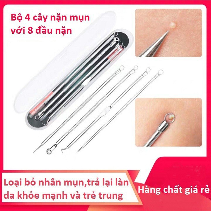 Bộ dụng cụ 4 cây nặn mụn đầu đen tiện lợi thép an toàn