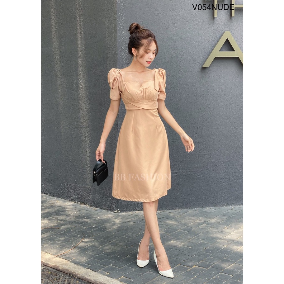Váy dây chéo ngực tay bồng cổ vuông, Đầm nữ mini hàng thiết kế chất chéo hàn cao cấp mềm mịn không nhàu V054 | BigBuy360 - bigbuy360.vn