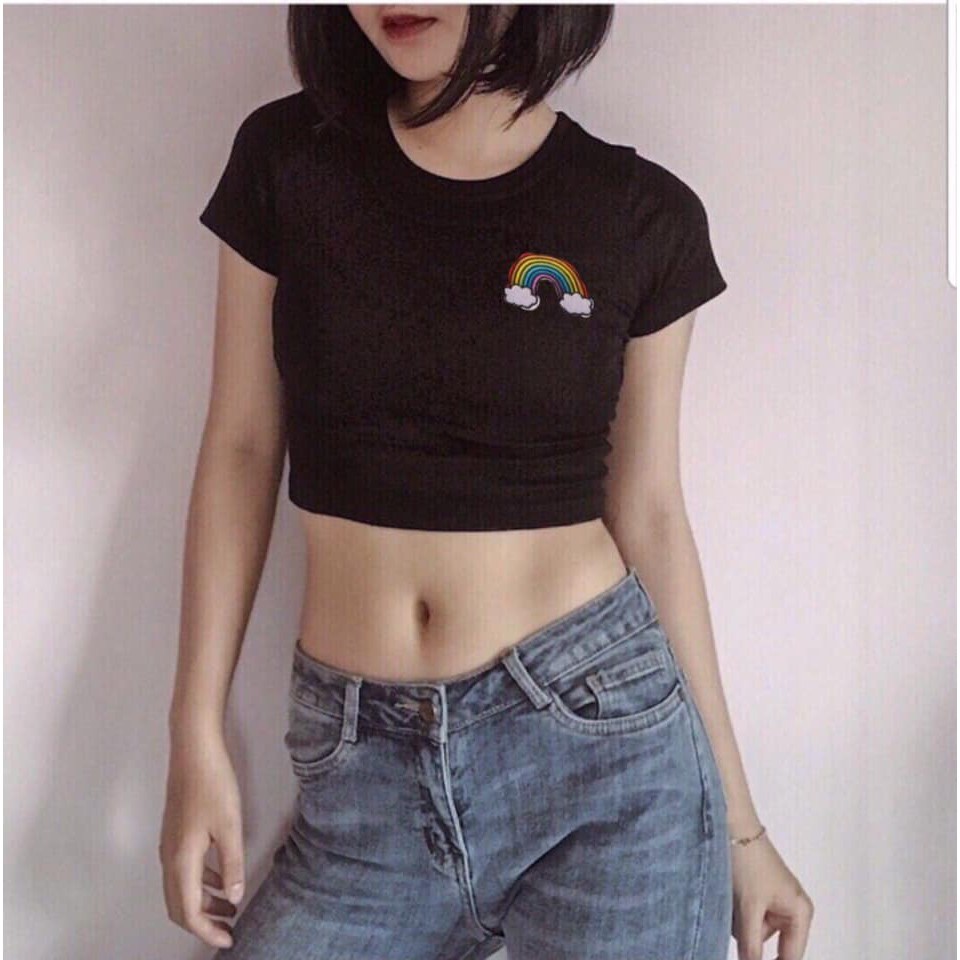 [Mã FAMARAL1 giảm 10K đơn 50K] Áo Croptop Thêu cầu vồng CÓ HÌNH THẬT - A2