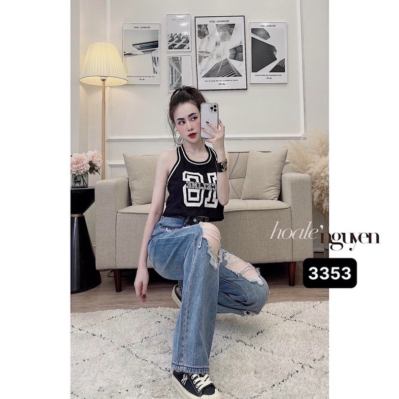 Quần Baggy Nữ Ống Rộng Rách Lưng Cao Size SML, Quần Baggy Jean Nữ Hàng VNXK Ms3353
