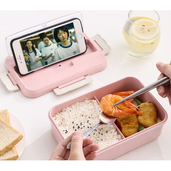 Hộp đựng cơm, hộp cơm văn phòng lúa mạch 3 ngăn kèm muỗng inox xịn xò