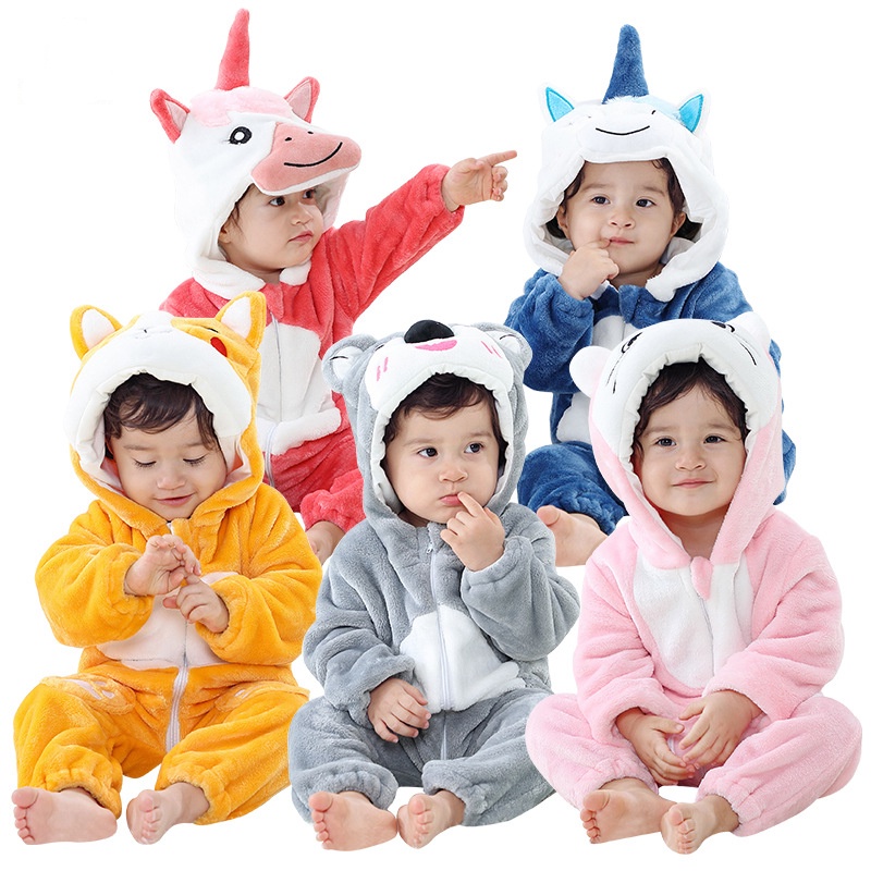 Bộ Áo Liền Quần Vải Flannel In Hoạt Hình Kỳ Lân Dễ Thương Cho Bé Sơ Sinh