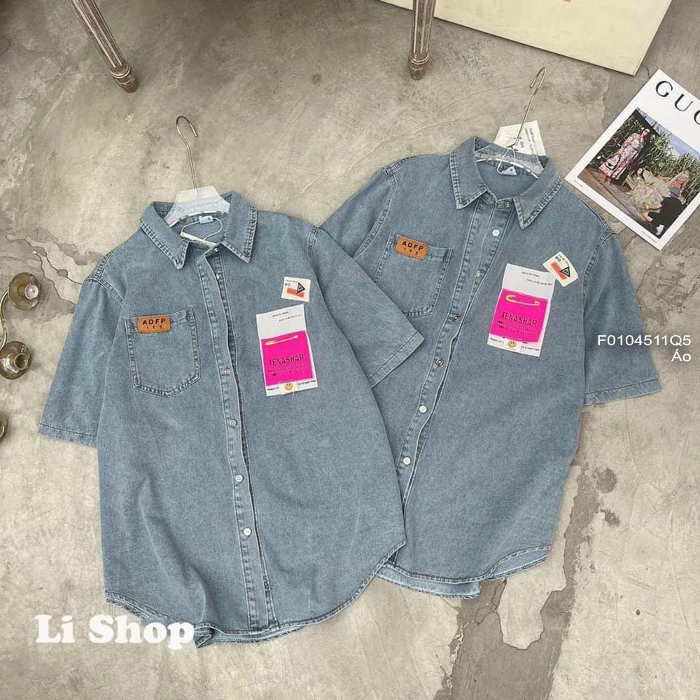Áo sơ mi jean một túi gắn mác chữ tay ngắn hàng loại đẹp QC!
