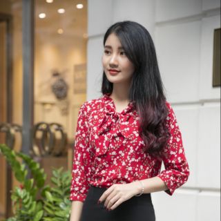 Áo sơ mi hoa nhí nơ cổ