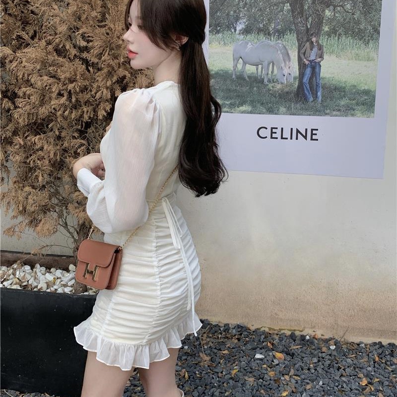 IELGY Đầm Chiffon Trắng Tay Phồng Cổ Chữ V Dáng Ôm Thời Trang Hàn Quốc Cho Nữ