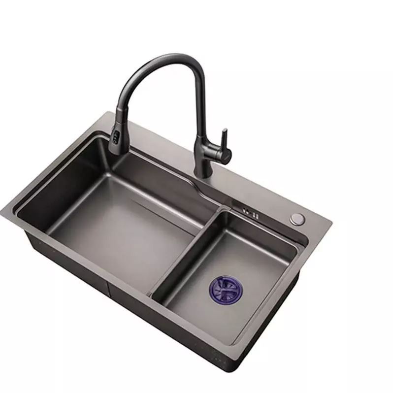 Bộ Chậu rửa chén bát INOX 304 cao cấp 1 hố cỡ 75x46cm, công nghệ NANO GHI ĐEN chống trày xước, dễ vệ sinh - QM.CR003