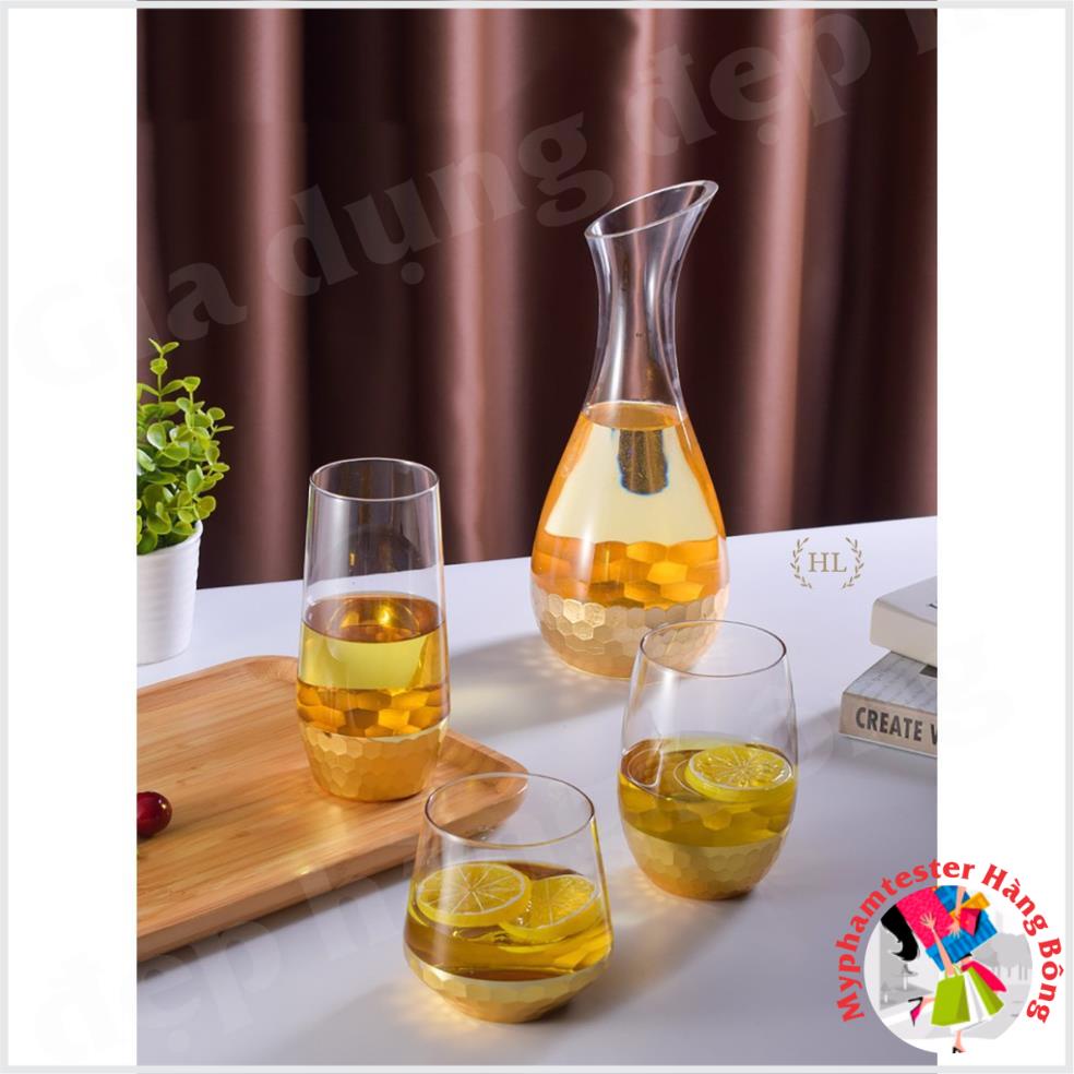 Bình Thủy Tinh Chịu Nhiệt Dáng DECANTER Nhúng Vàng 24K Phong Cách Vitange Họa Tiết Lục Giác Tổ Ong