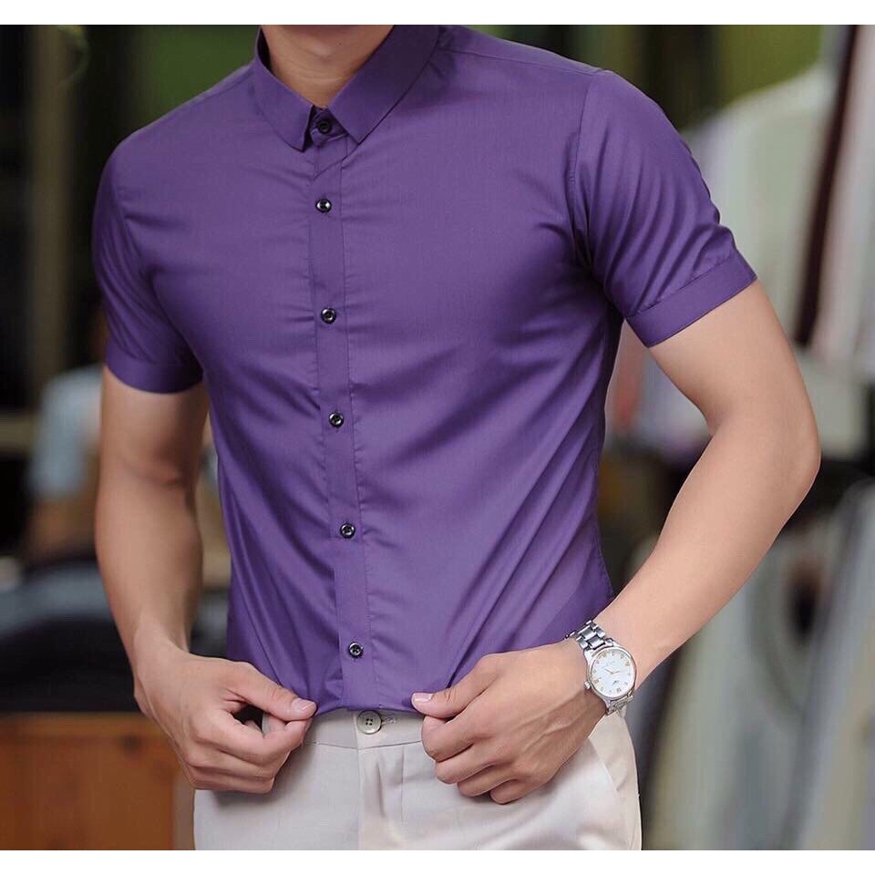 Áo sơ mi nam Cộc Tay Tím Đậm dáng body Hàn Quốc không nhăn, Áo sơ mi nam Ngắn Tay Tím Đậm